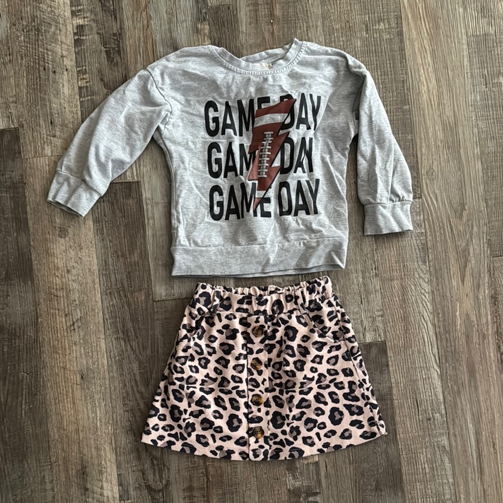 Kids Game Day Gray Sweatshirt and Leopard Skirt Set